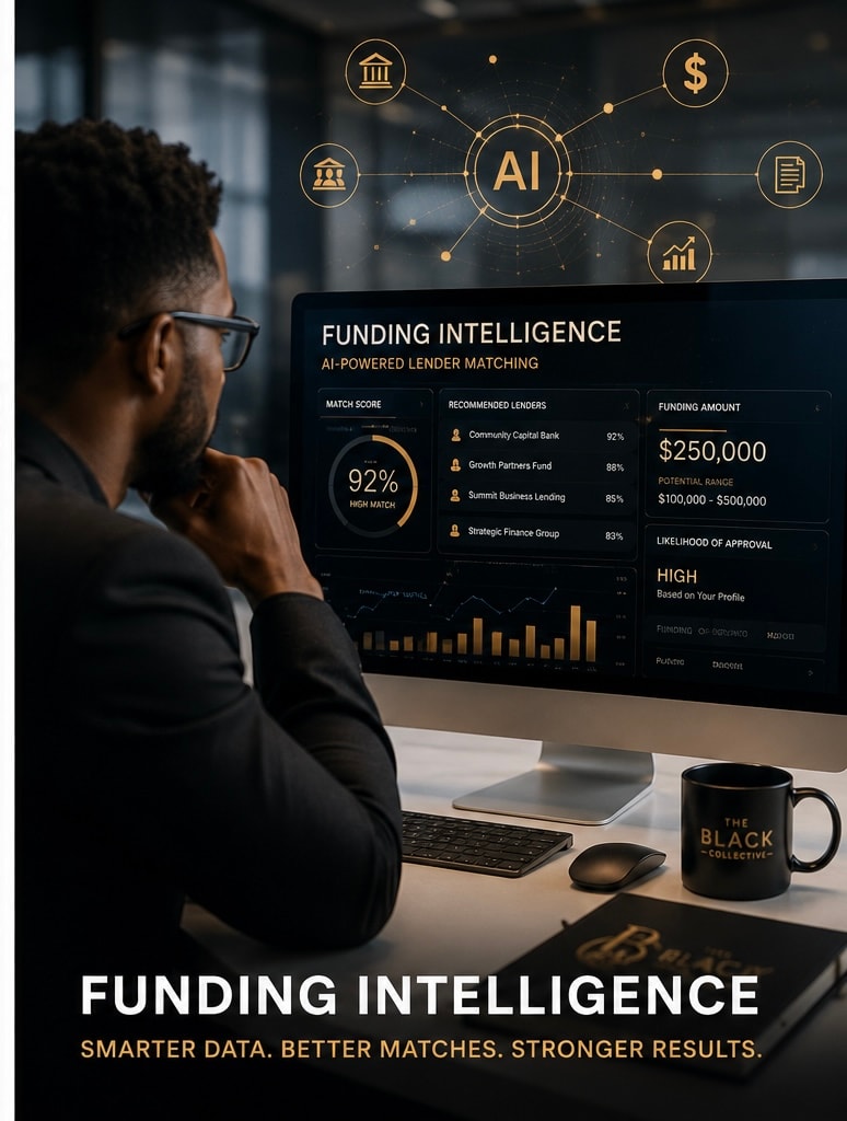 Entrepreneur reviewing AI-powered Funding Intelligence dashboard — 92% lender match score, $250,000 potential funding range